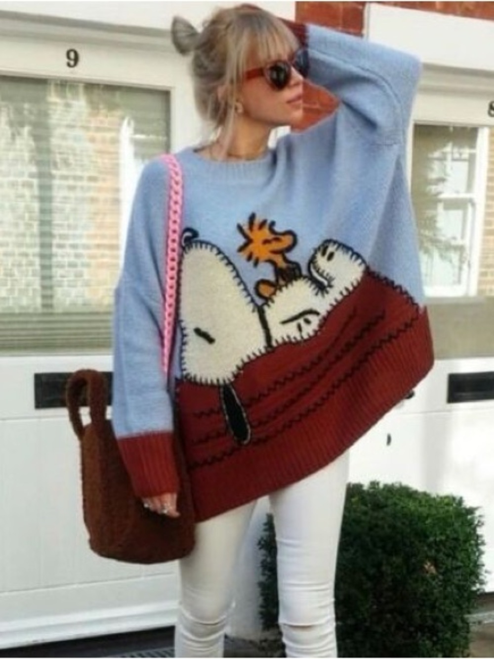 Zara Light Blue & Brown Snoopy Knit Oversized Sweatshirt Sz Small